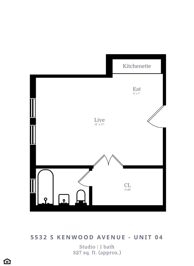 Floor plan for studio, 1 bath, 327 sqft